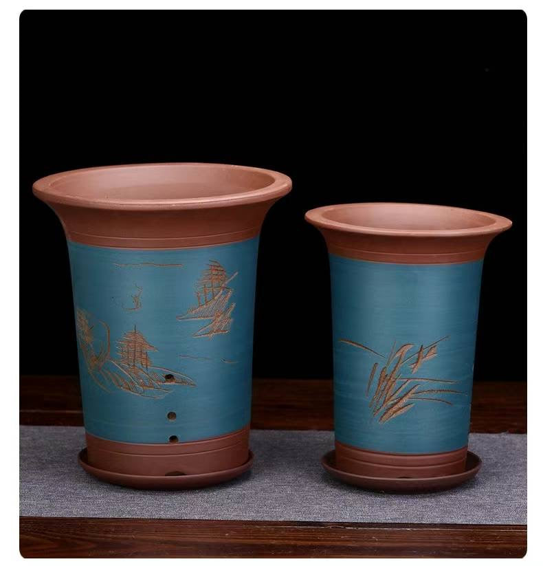 紫砂兰花盆带托盘2件套